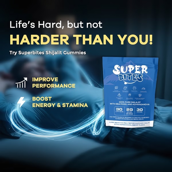 A 1:1 format advertisement for Shilajit gummies that uses a relatable 'nighttime struggle' hook to introduce energy benefits for the customer.